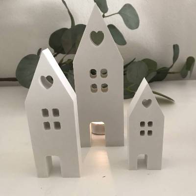 Hübsche Lichthäuschen 3er Set aus Beton, hygge, weiß
