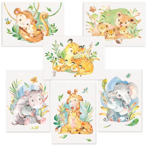 6er Poster-Set von Tieren Afrikas mit Mutter & Baby I Babyzimmer Deko I ohne Rahmen I CreativeRobin