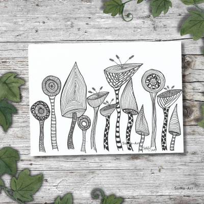 Schwarz-Weiß Zeichnungen mit Liebe zum Detail, Fineliner auf Künstlerpapier, Crazy Flowers im stimmungsvollen Design