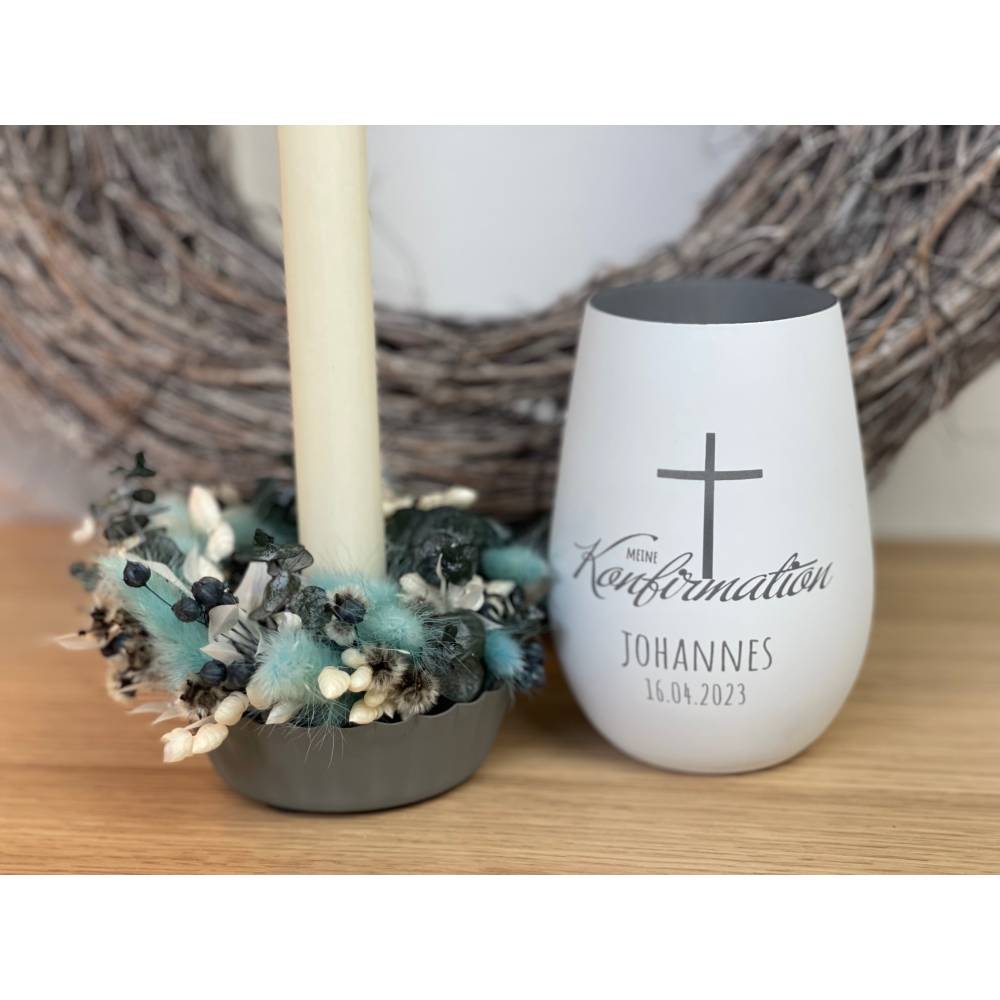 Windlicht zur Konfirmation | Kommunion | Firmung | Taufe | personalisiert | Teelichthalter | Kerzenhalter