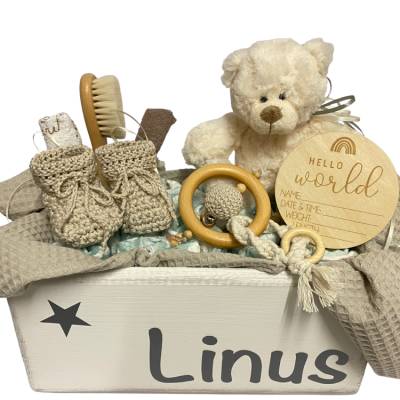 Windeltorte  Kiste mit Name Baby Geschenk Taufe Geburt Babyshower Babyparty Holzkiste Makramee Boho Spielzeugkiste