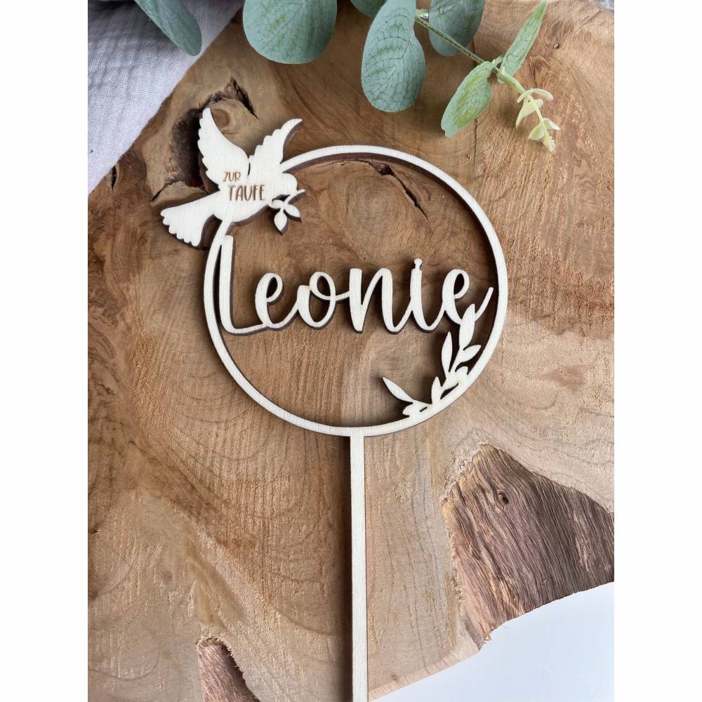 Caketopper zur Taufe personalisiert mit Namen / Kuchenstecker Taufe mit Taube / Cake Topper Name