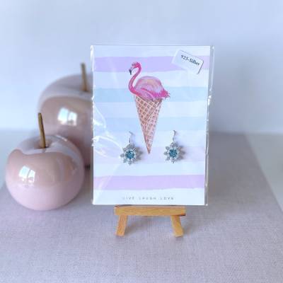 Ohrringe * Blümchen * Hellblau * Crystal * gefädelt * Ohrhaken 925er Silber * Grußkarte