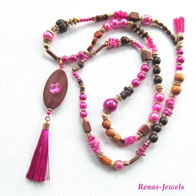 Bettelkette Hippie Ibiza Boho Kette lang Perlenkette pink braun goldfarben mit Quasten Anhänger Handgefertigt