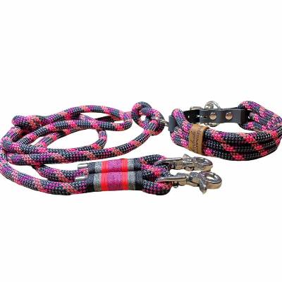Leine Halsband Set, Tau 10 mm, verstellbar, schwarz, grau, lachs, pink, mit Leder und Schnalle
