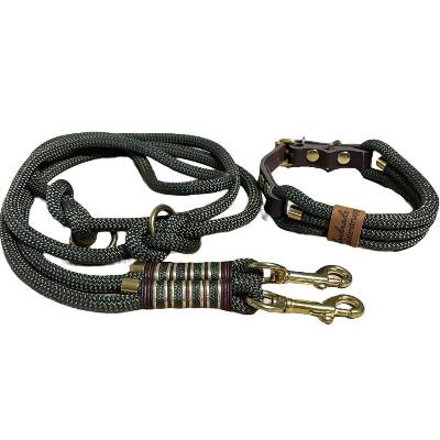 Hundeleine und Halsband Set, beides verstellbar, oliv, braun, gold, Leder und Schnalle, 8 mm