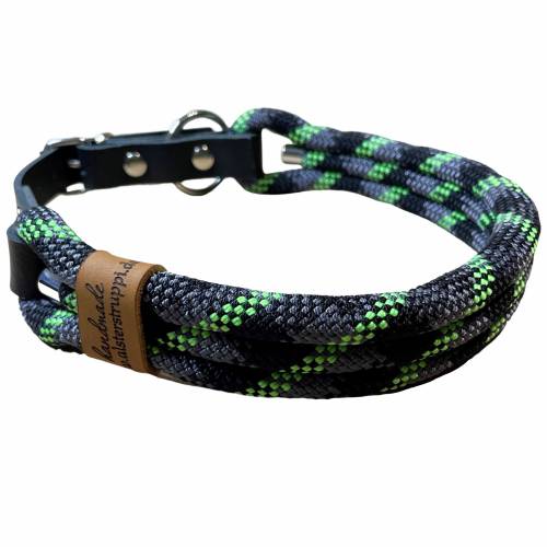 Hundehalsband, verstellbar, schwarz, grau, neongrün, Leder schwarz und Schnalle