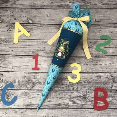 zauberhafte Schultüte Zuckertüte aus Stoff in Türkis & Petrol mit Frosch Prinz und Gold & Glitzer