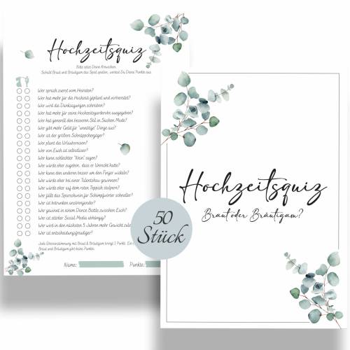 Hochzeitsquiz Braut oder Bräutigam | Er oder Sie | Hochzeitsspiel für Brautpaar & Gäste im Eukalyptus Design | A5 Format