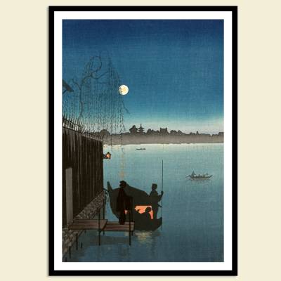 Japanische Kunst - Boot in der Nacht auf dem Fluß -  Kunstdruck Poster  -  Vintage Bild - Holzschnitt