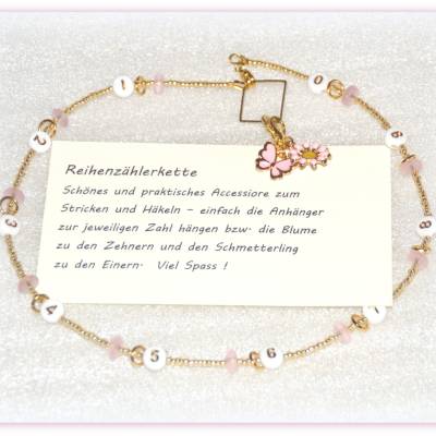 Reihenzähler Kette mit 2 Charms von 1 - 9 bzw. 99, Maschenzähler Blume und Schmetterling
