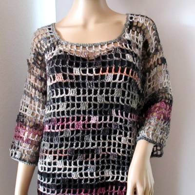 Häkelpullover mit hübschem Lochmuster und 3/4 Arm, Überwurf, Top, Shirt, aus Baumwolle mit Leinen und Viskose