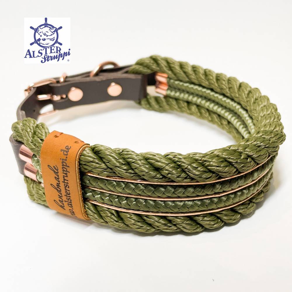 Hundehalsband, Tauhalsband, gedrehtes Tau, oliv, 4 fach, breit, verstellbar  mit Schnalle und Leder