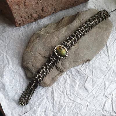 Armband Labradorit in Samenperlen | braun creme | metallfrei | 18cm