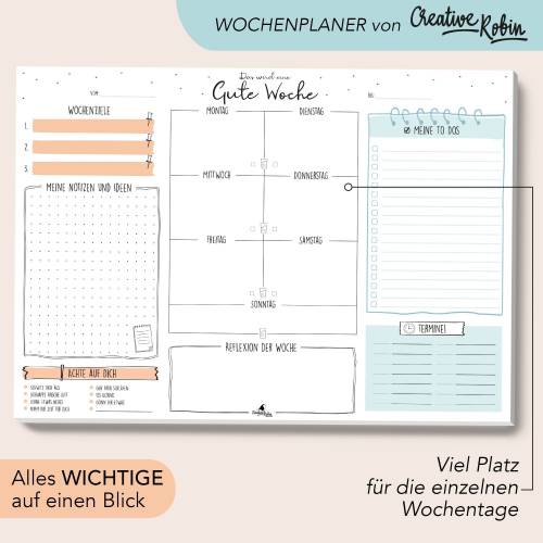Wochenplaner Schreibtischunterlage aus Papier mit To-Do Liste, Tagesplaner und co. I DIN A3 mit 25 Blatt I CreativeRobin