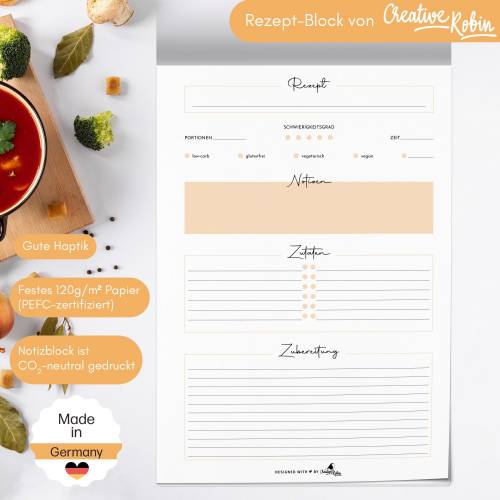 Rezeptblock orange mit 50 Rezept-Blättern | DIN A4 | CreativeRobin