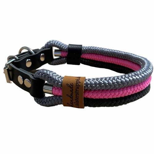 Hundehalsband, Tauhalsband, verstellbar, pink, grau, schwarz, Verschluss mit Leder und Schnalle, auch für kleine Hunde