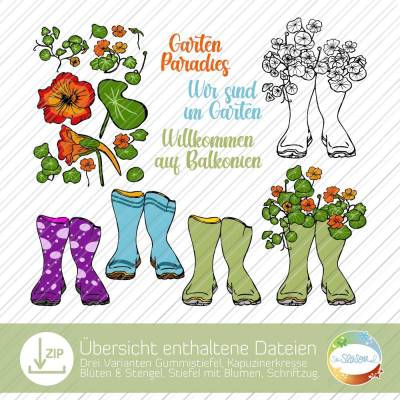 Digistampset Gummistiefel mit Blumen, Grafik Kapuzinerkresse, Bild Stiefel, Blüten, Blätter