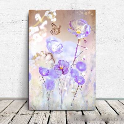 SCHMETTERLING & FLAX Blumenbild im Landhausstil auf Holz Leinwand Kunstdruck Wanddeko Vintage Style Shabby Chic kaufen  
