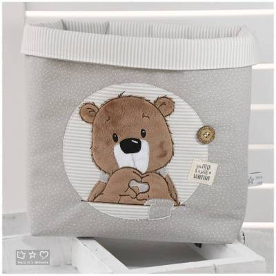 Utensilo / Aufbewahrungstasche taube/weiß mit Button Bär Schlaumeier mit Schal