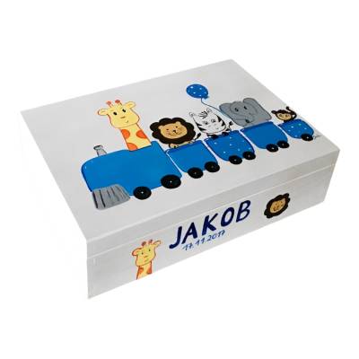 Personalisierte Erinnerungskiste Zug Zootiere – Individuelle Holzbox zur Taufe, Geburt & Geschenk