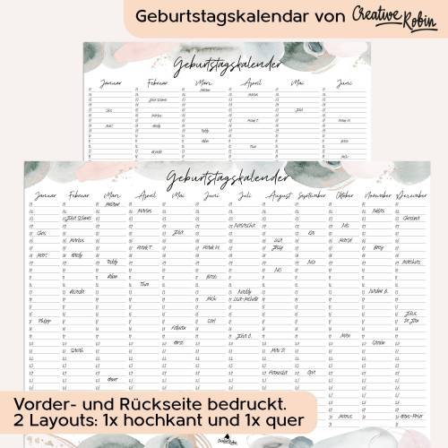 Geburtstagskalender immerwährend skandinavischer Wasserfarben Stil I Jahresunabhängiger Wandkalender A3 I CreativeRobin
