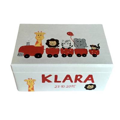 Personalisierte Erinnerungskiste Zug Zootiere – Geschenk zur Taufe & Geburt