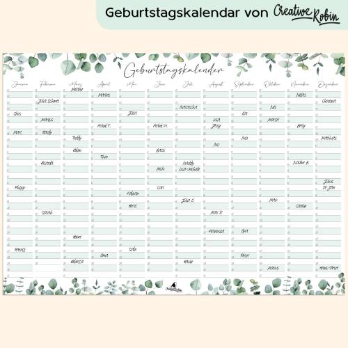 Geburtstagskalender immerwährend Eukalyptus I Jahresunabhängiger Wandkalender I DIN A3 Dauerkalender I CreativeRobin