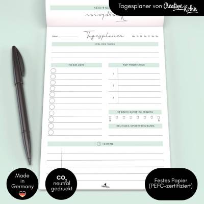 Tagesplaner & To Do Liste | A5 Notizblock mintgrün | 2-seitig bedruckt | 50 Blatt | CreativeRobin