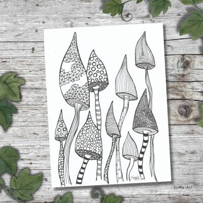 Elegante handgezeichnete Crazy Flowers, mit Fineliner auf Künstlerpapier, ungerahmtes Schwarz-Weiss im unverwechselbaren