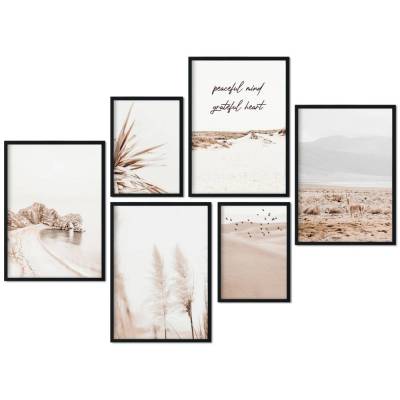CreativeRobin Poster Set als Wohnzimmer Deko | 4x A3 + 2x A4 Wandbilder Collage » Pampasgras, Berge & Strand «