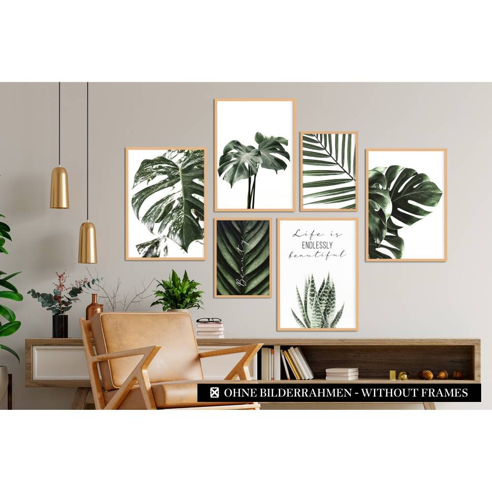CreativeRobin Poster Set als Wohnzimmer Deko | 4x A3 + 2x A4 Wandbilder  Collage  Eukalyptus & Monstera Pflanze