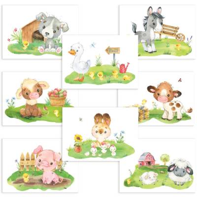 8er Poster Set von Farmtieren fürs Babyzimmer I Süße Kinderzimmer Deko mit Pferdchen, tapsigen Küken & co.