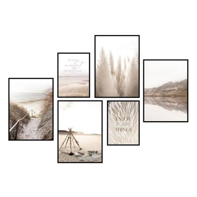 CreativeRobin Poster Set als Wohnzimmer Deko | 4x A3 + 2x A4 Wandbilder Collage | ohne Rahmen » Pampasgras Strand «