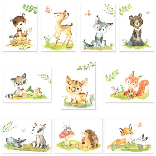 10er Poster-Set Waldtiere Kinderzimmer I Bär, Reh, Bieber, Fuchs uvm. mit Flora I Babyzimmer Deko I ohne Rahmen