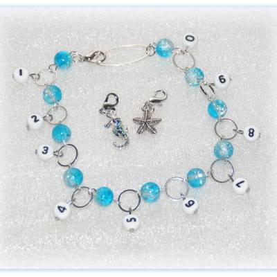 Reihenzähler Kette maritim von 1 - 9 bzw. 99, Maschenzähler mit 2 Charms Seepferdchen und Seestern, Rundenzähler
