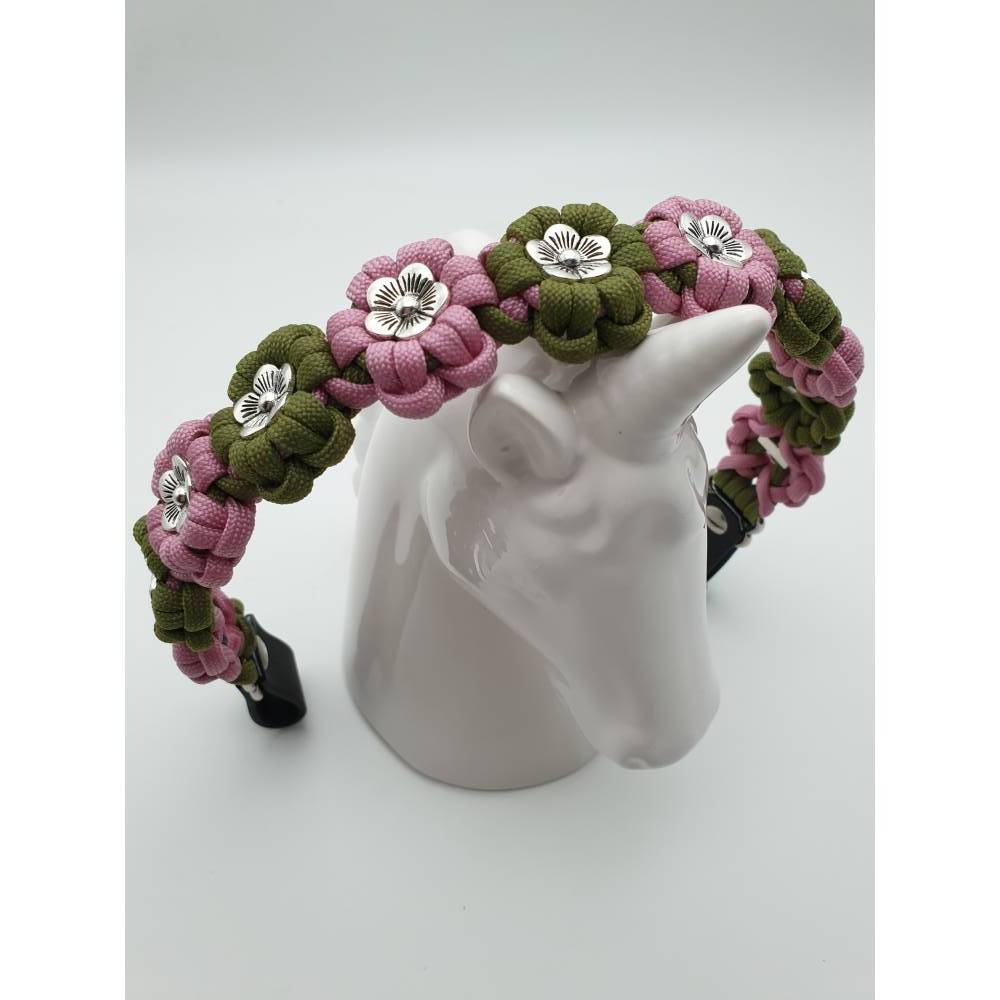 Stirnband / Stirnriemen für Pferde in schmaler Blümchenoptik Rose / Moos mit silbernen Perlem Bild 3