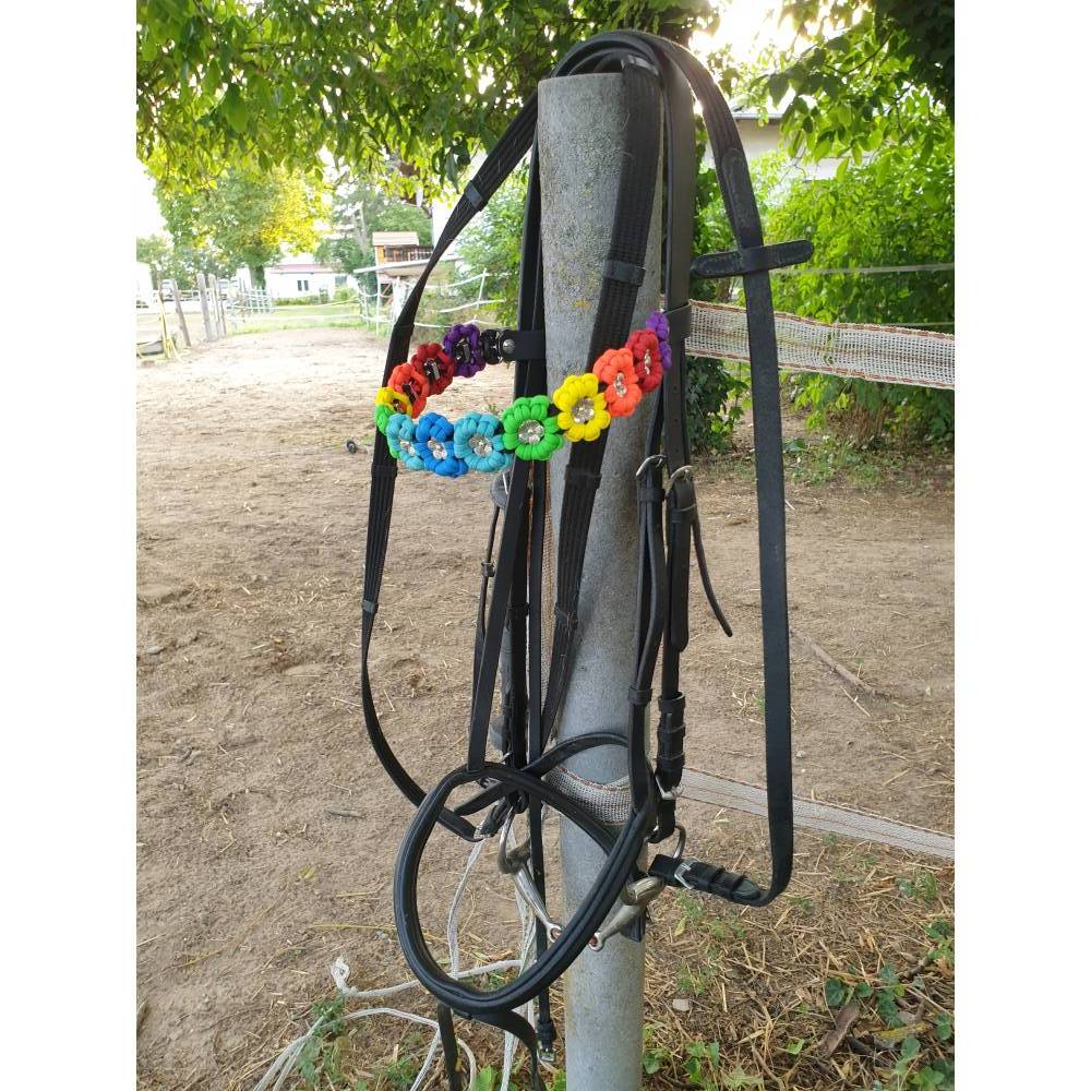 Stirnband / Stirnriemen für Pferde in schmaler Blümchenoptik Rose / Moos mit silbernen Perlem Bild 7