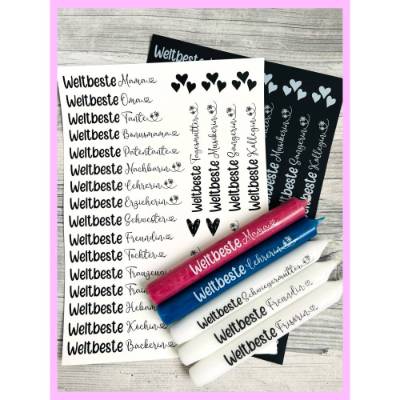 Kerzentattoo WELTBESTE ..., weiß o. schwarz, A4, Wasserschiebefolie, Kerzenfolie, Kerzensticker, Tattoofolie, Allerbeste