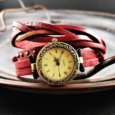 Armbanduhr, Lederuhr, Vintag-Stil, Wickeluhr