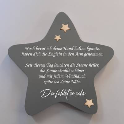 Erinnerung an ein Sternenkind, Geschenk für Sterneneltern, individuelle gestaltetes Trauergeschenk, grauer Stern, Grabd