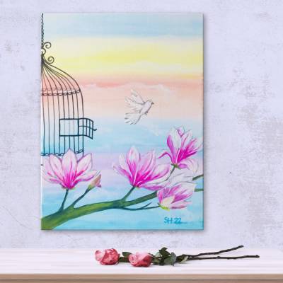 Magnolia handgemalt – Acrylbild 40x30cm auf Leinwand, signiertes Unikat