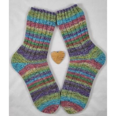 Handgestrickte Socken Gr. 42/43 – Bunte Wollsocken, warm & robust, aus Schurwolle & Polyamid