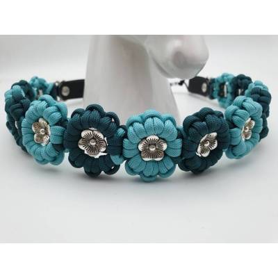 Stirnband / Stirnriemen für Pferde in breiter Blümchenoptik Türkis / Petrol mit silbernen Perlem