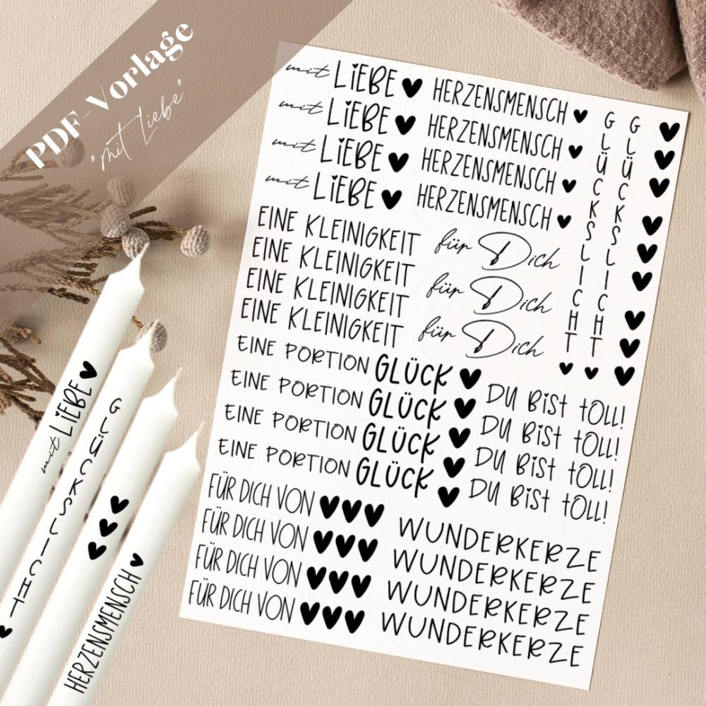 PDF Vorlage "mit Liebe" Kerzentattoo Kerzensticker Kerzen Gestalten für dich Herzensmensch von Herzen Glückslich Bild 1