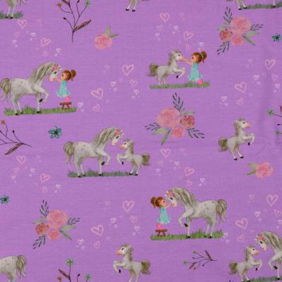 Jersey Stretchjersey Baumwolljersey Kinderstoff Pferdchen Flieder