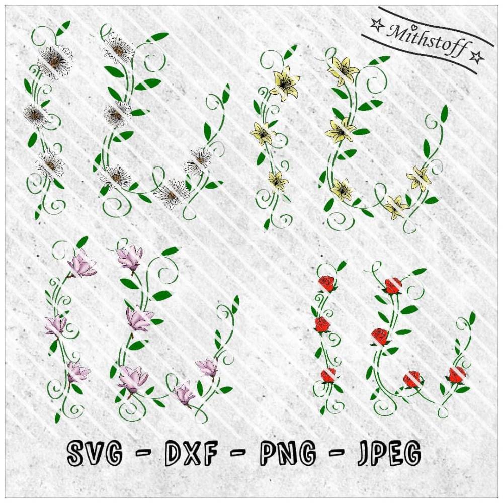Plotterdatei - Blumenranke - Rose - Lilie - Magnolie - Margerite - SVG - DXF - Datei - Mithstoff - PNG