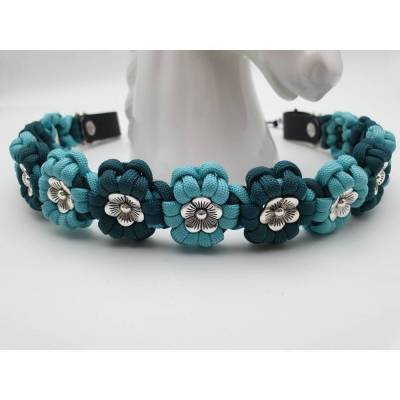 Stirnband / Stirnriemen für Pferde in schmaler Blümchenoptik Türkis / Petrol mit silbernen Perlem