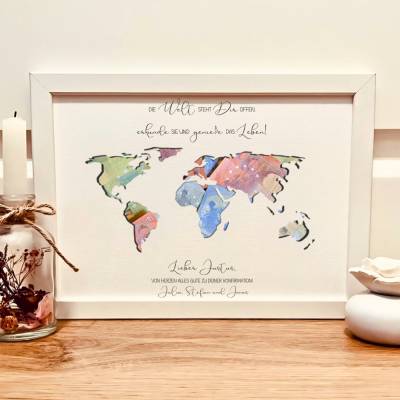 Personalisiertes Geldgeschenk zur Konfirmation im Bilderrahmen – Einzigartiges Konfirmationsgeschenk mit Weltkarten-Design