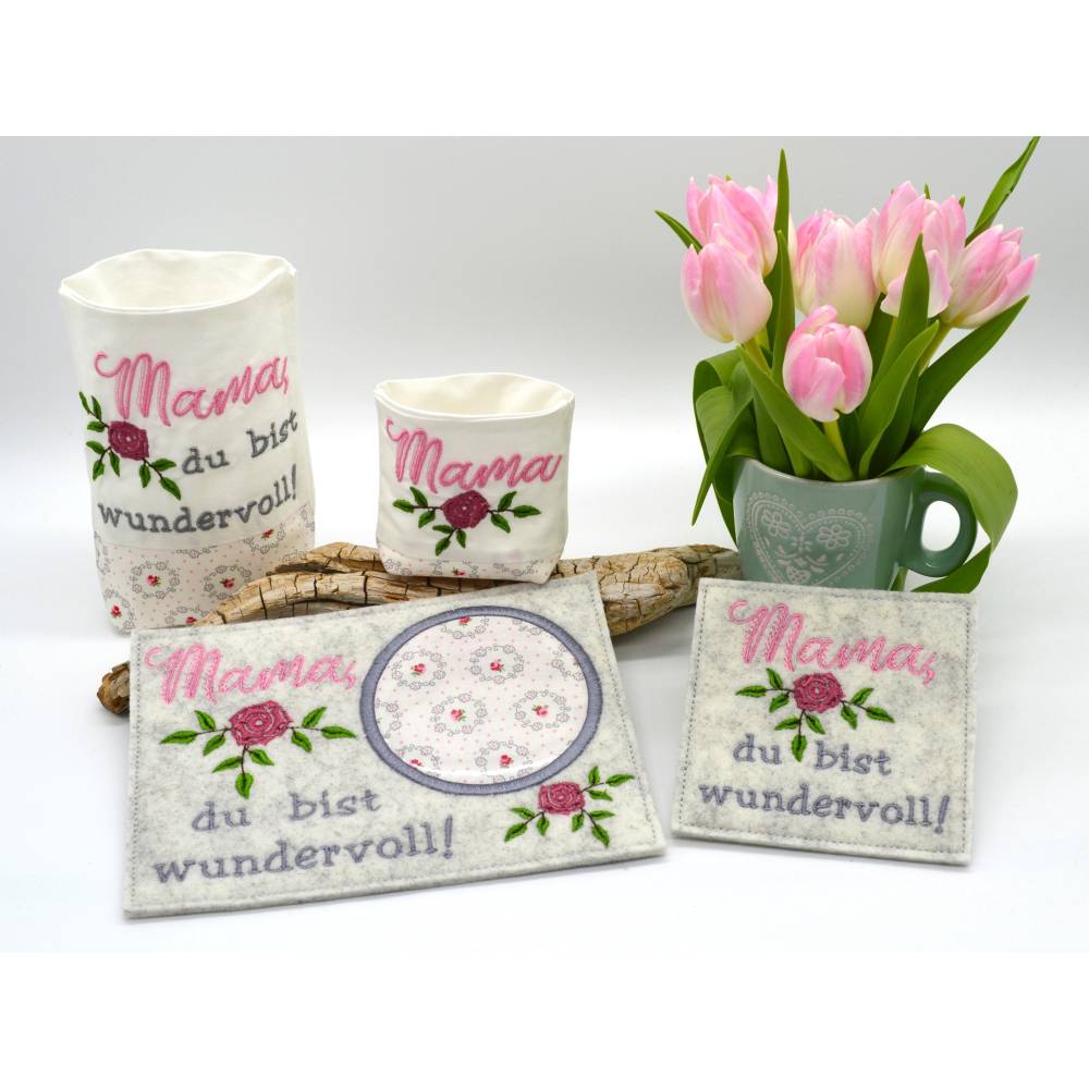 Stickdatei Muttertag SET Untersetzer Lichterbeutel Mama Bild 1